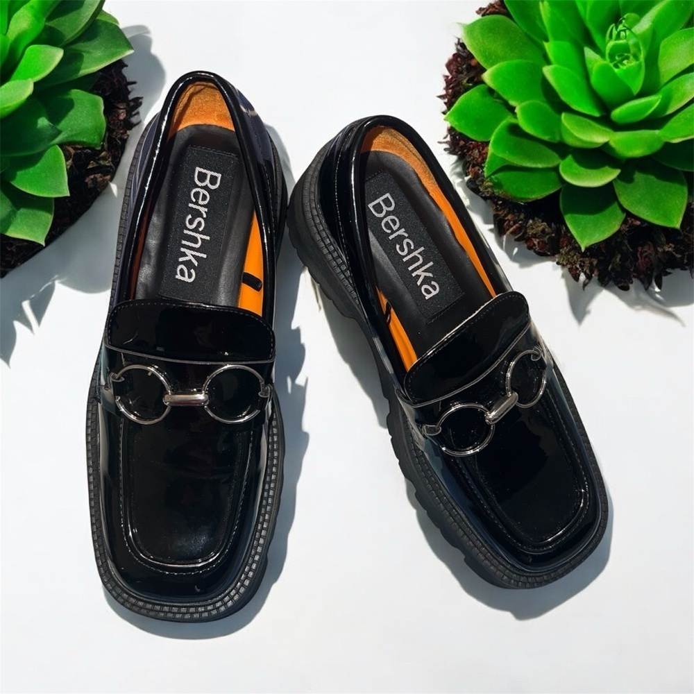 Bershka Glossy Black Loafers with Metallic Accent
